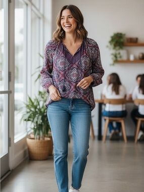 Ricki’s Bohemian Navy Burgundy Tassel Semi-Sheer Sleeve Lined Casual Blouse